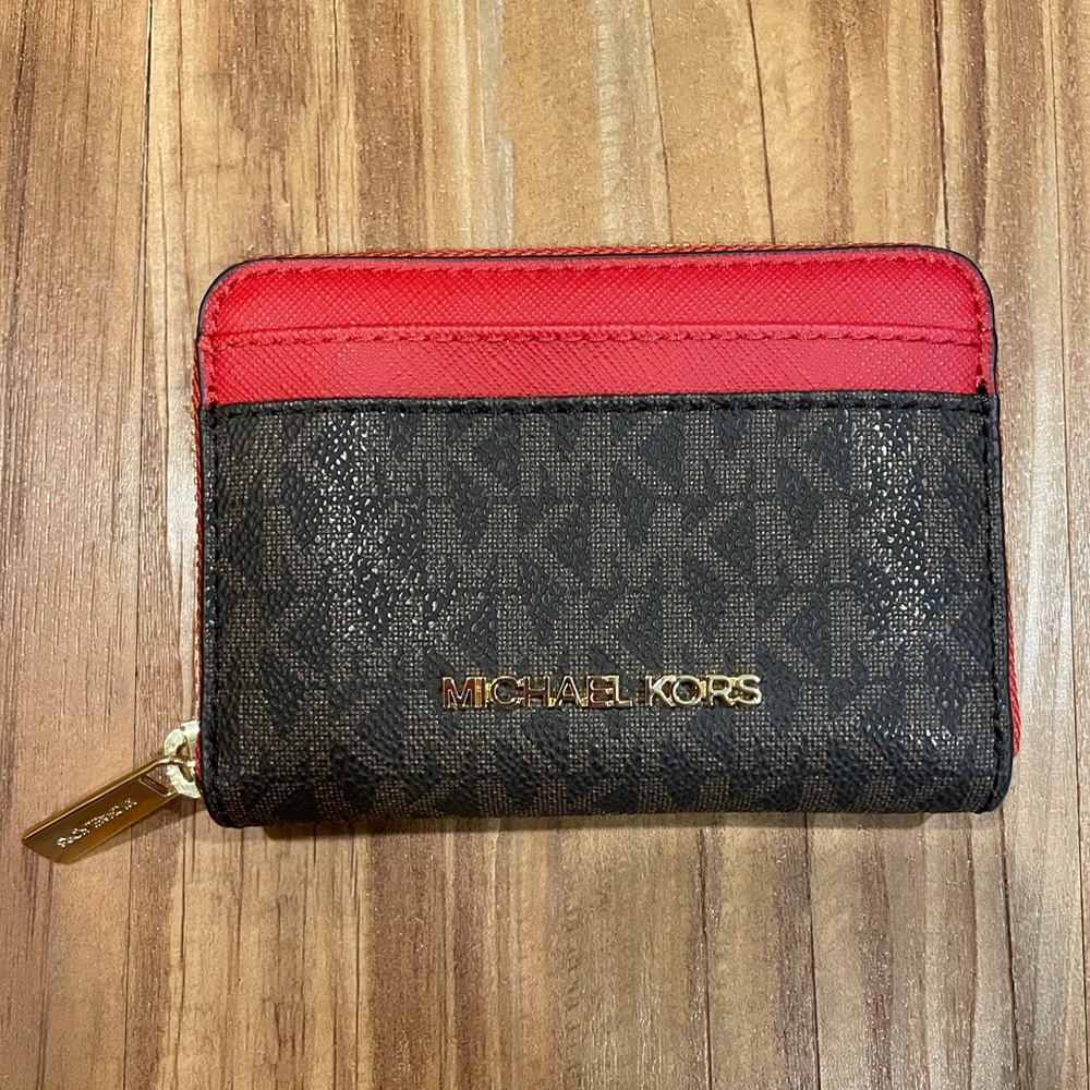 NEW Michael Kors Jet Set Travel Medium Zip Around Card Case Flame Red Brown